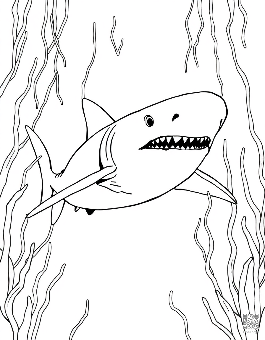 Free great white shark swimming through a kelp forest coloring page in manga style — printable line art