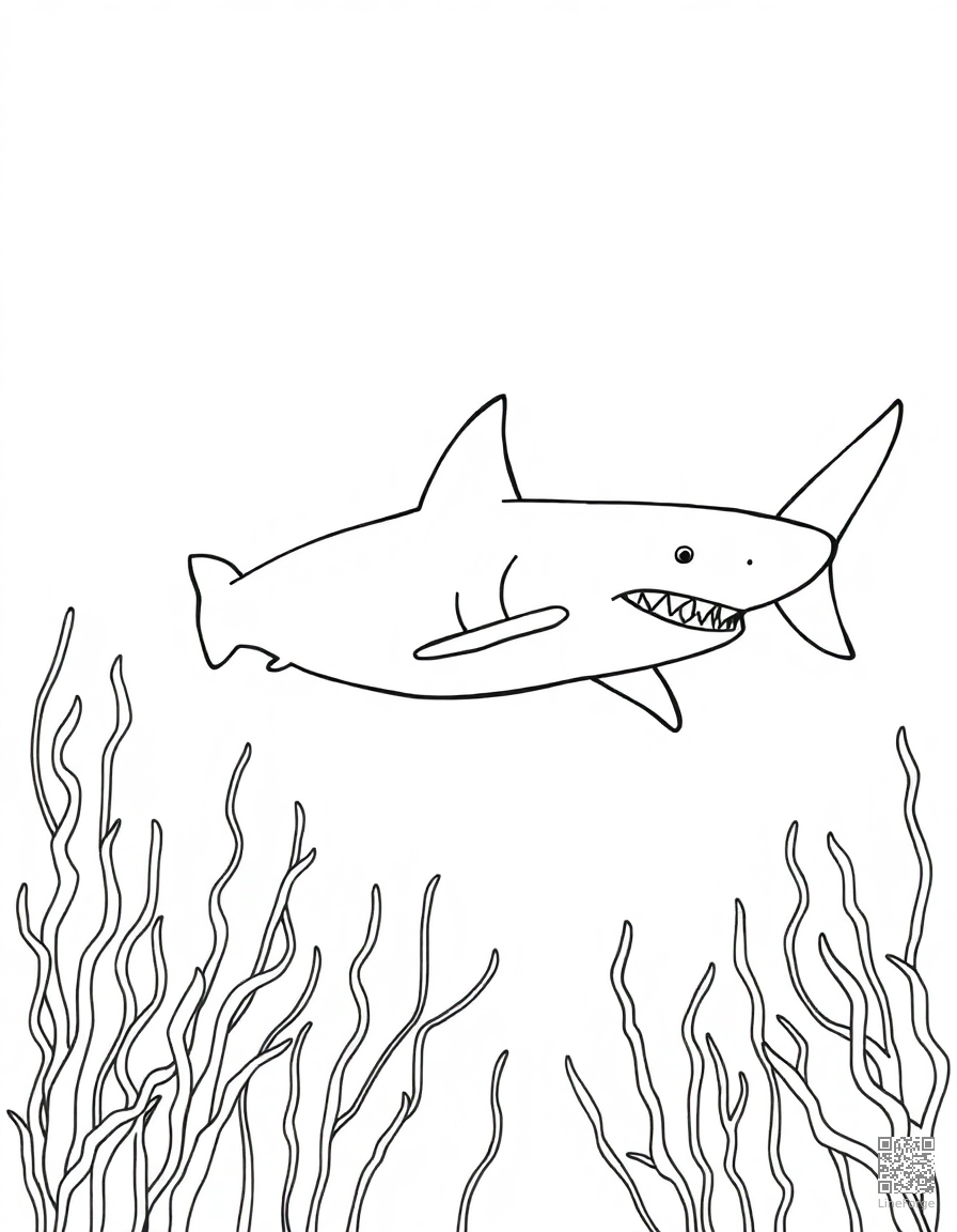 Free great white shark swimming through a kelp forest coloring page in minimal style — printable line art