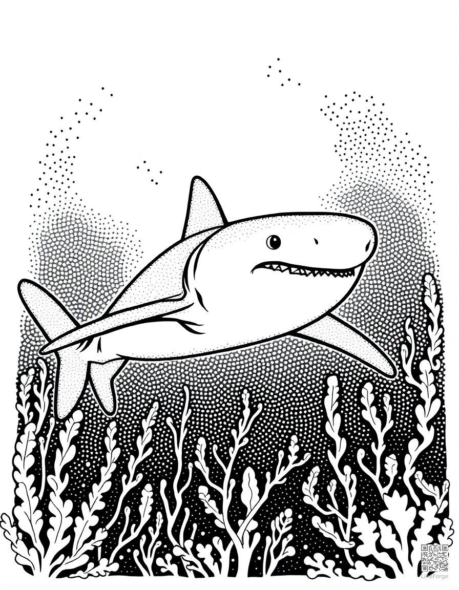 great white shark swimming through a kelp forest coloring page Stipple style - free printable