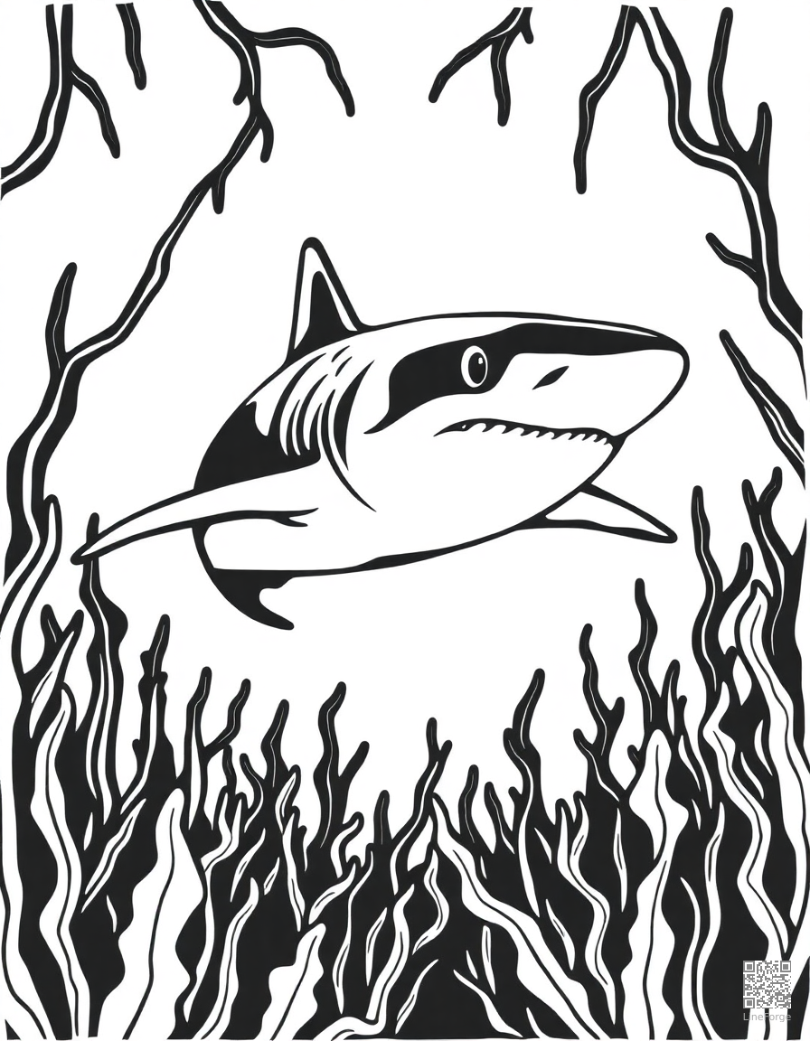 Free great white shark swimming through a kelp forest coloring page in woodcut style — printable line art