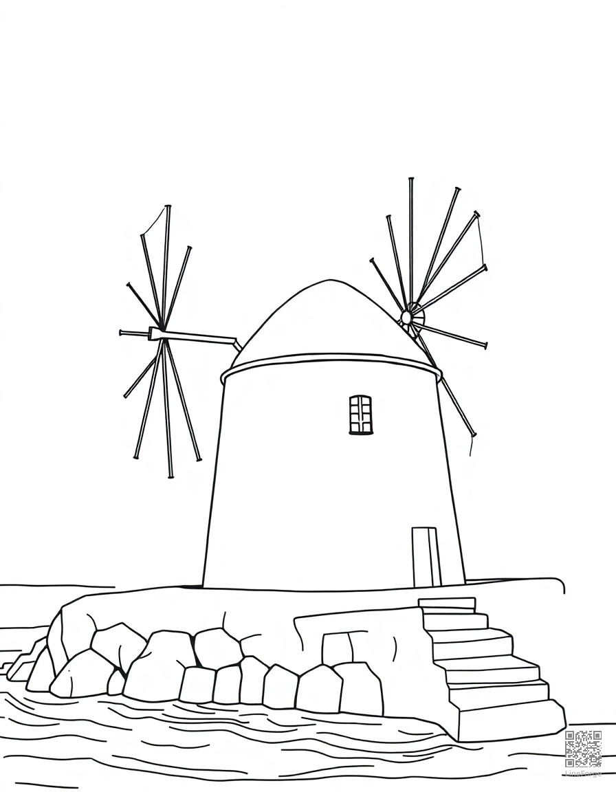 greek island windmill by the sea coloring page Contour style - free printable