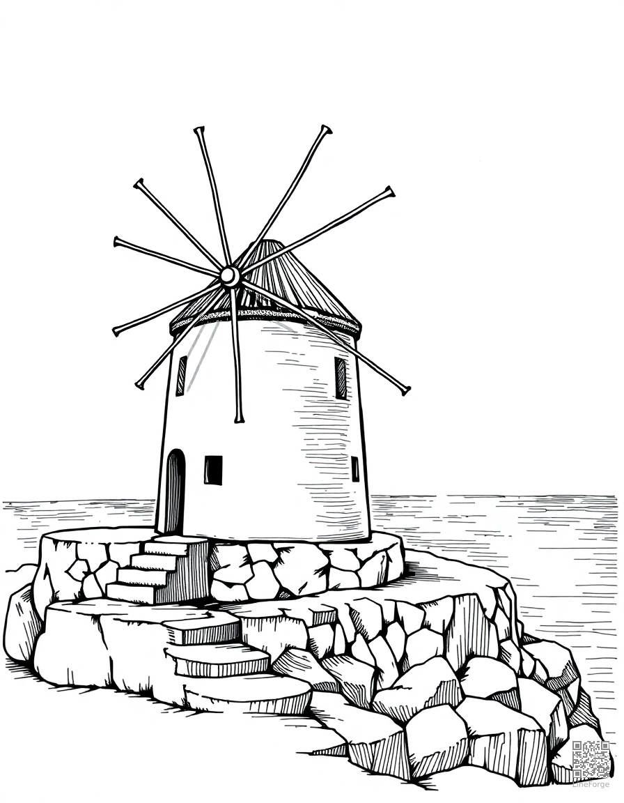 greek island windmill by the sea coloring page Crosshatch style - free printable