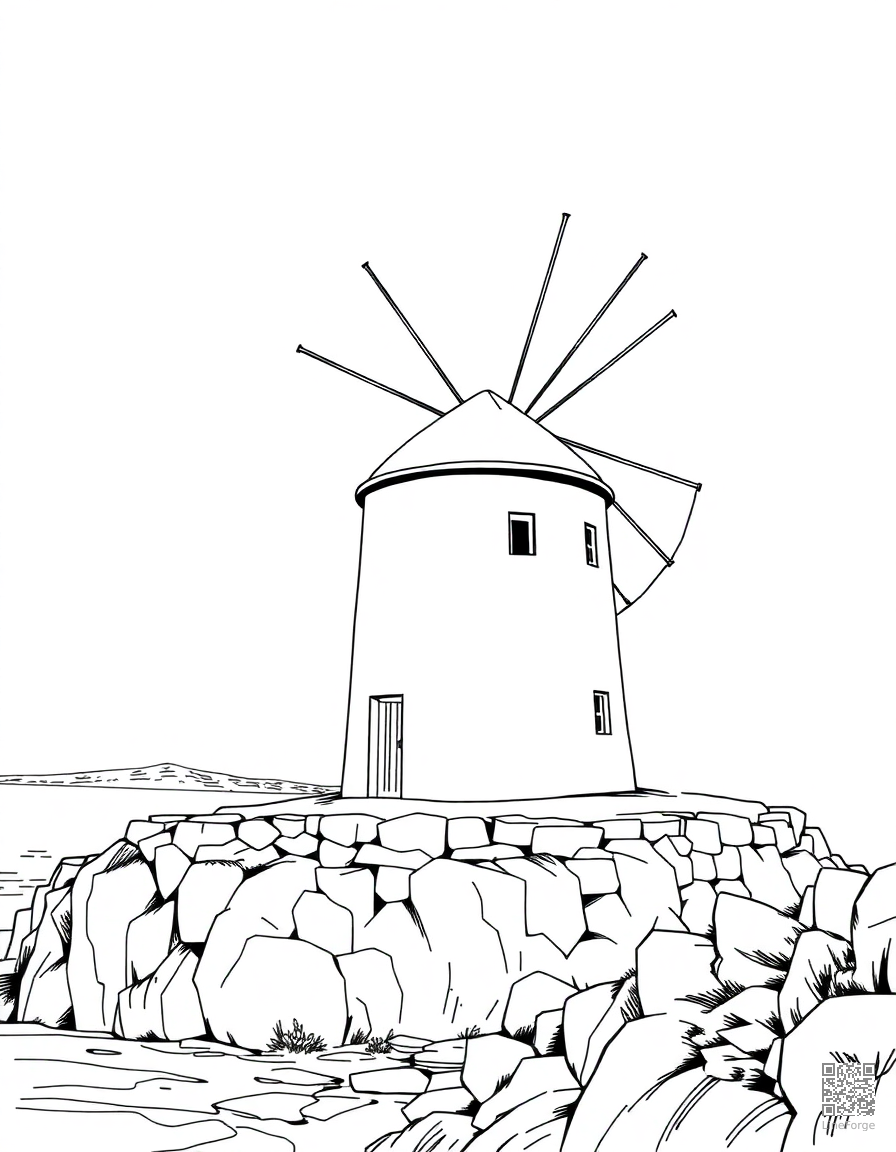 greek island windmill by the sea coloring page Manga style - free printable