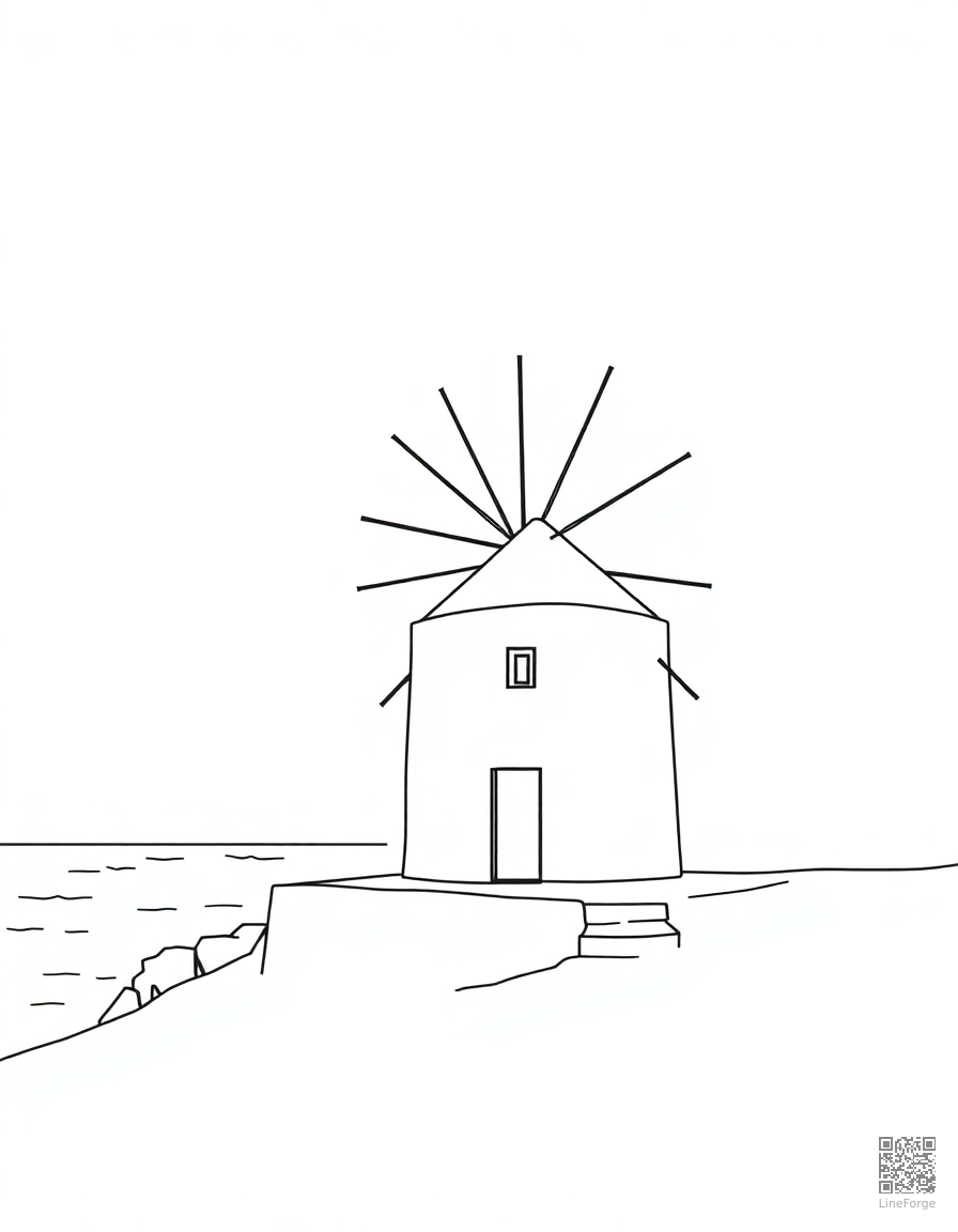 greek island windmill by the sea coloring page Minimal style - free printable