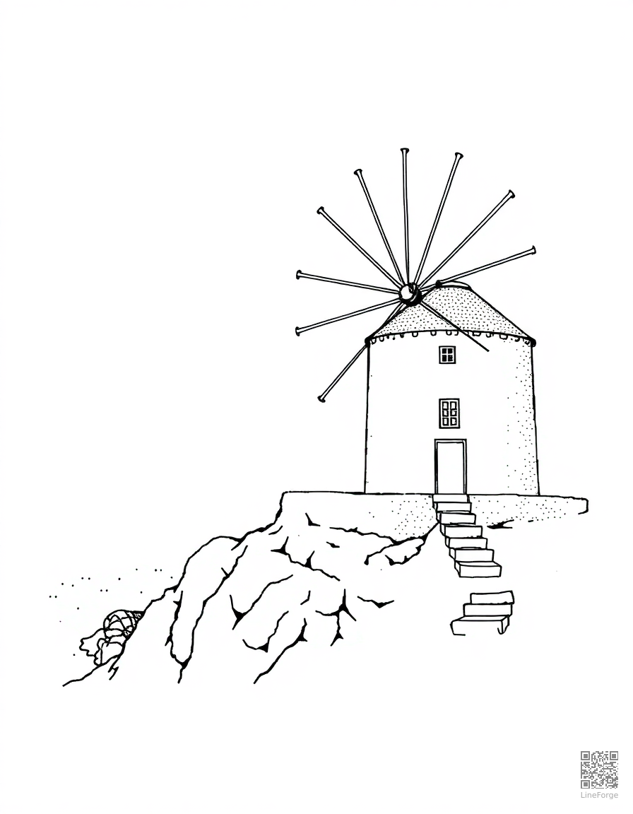 greek island windmill by the sea coloring page Stipple style - free printable