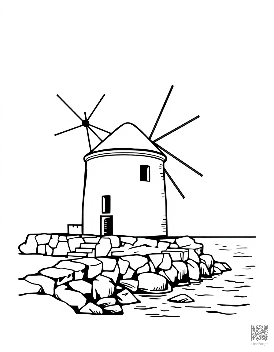 greek island windmill by the sea coloring page Woodcut style - free printable