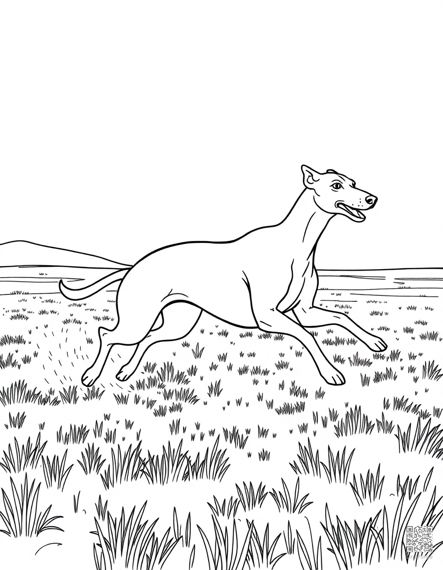Free greyhound racing across an open field coloring page in contour style — printable line art