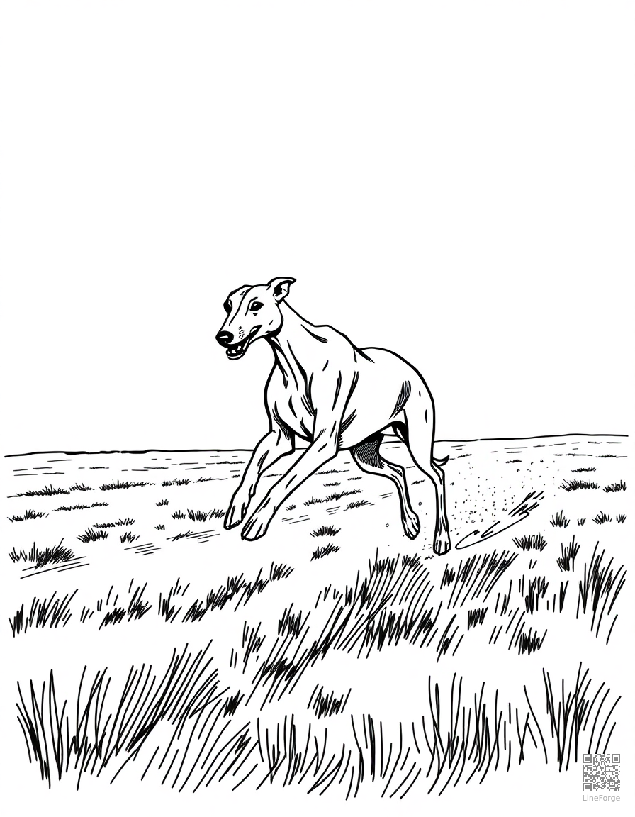 greyhound racing across an open field coloring page Crosshatch style - free printable
