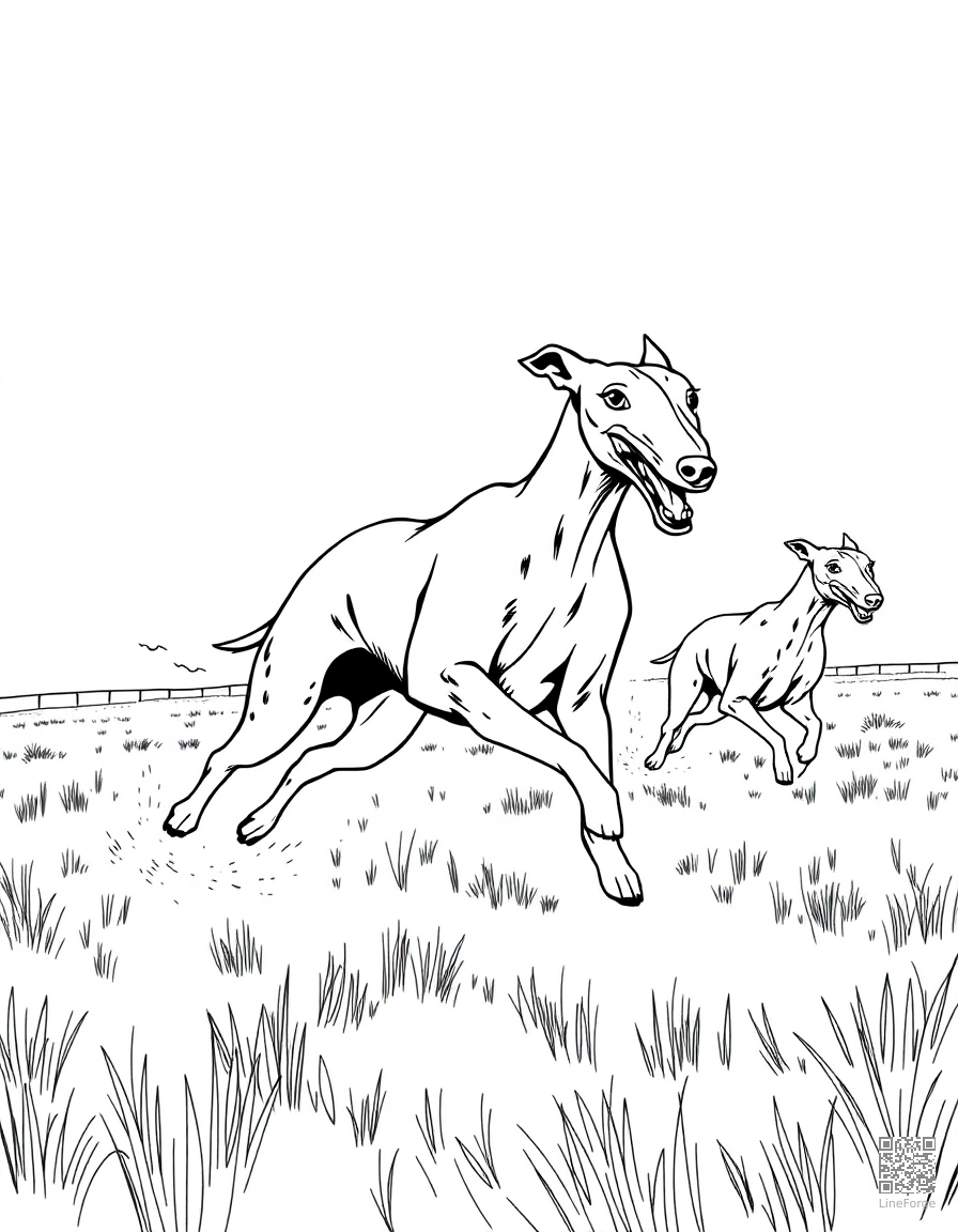 greyhound racing across an open field coloring page Manga style - free printable