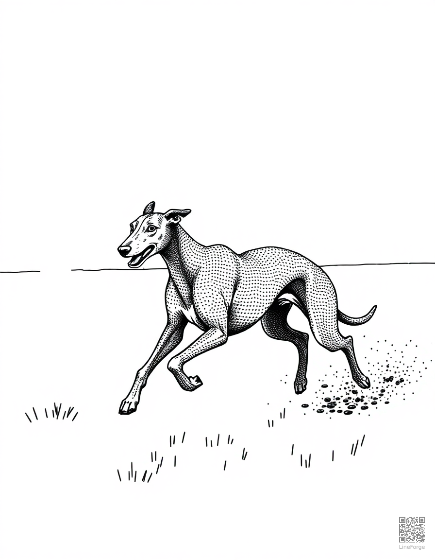 Free greyhound racing across an open field coloring page in stipple style — printable line art