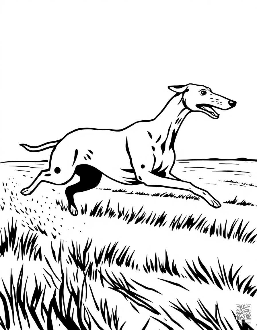 greyhound racing across an open field coloring page Woodcut style - free printable