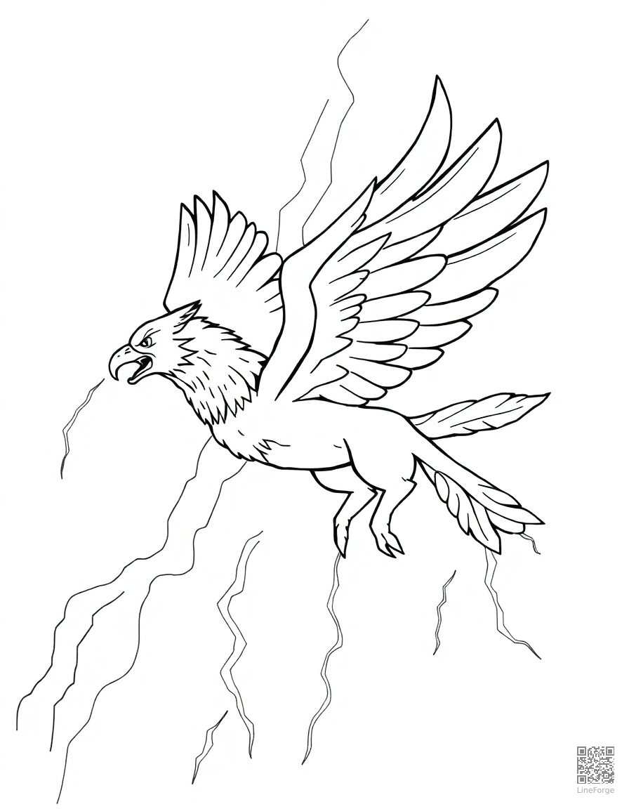 griffin flying through a thunderstorm coloring page Contour style - free printable