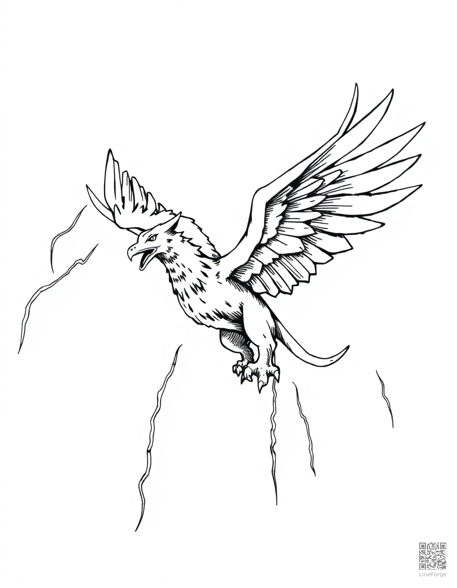 griffin flying through a thunderstorm coloring page Crosshatch style - free printable