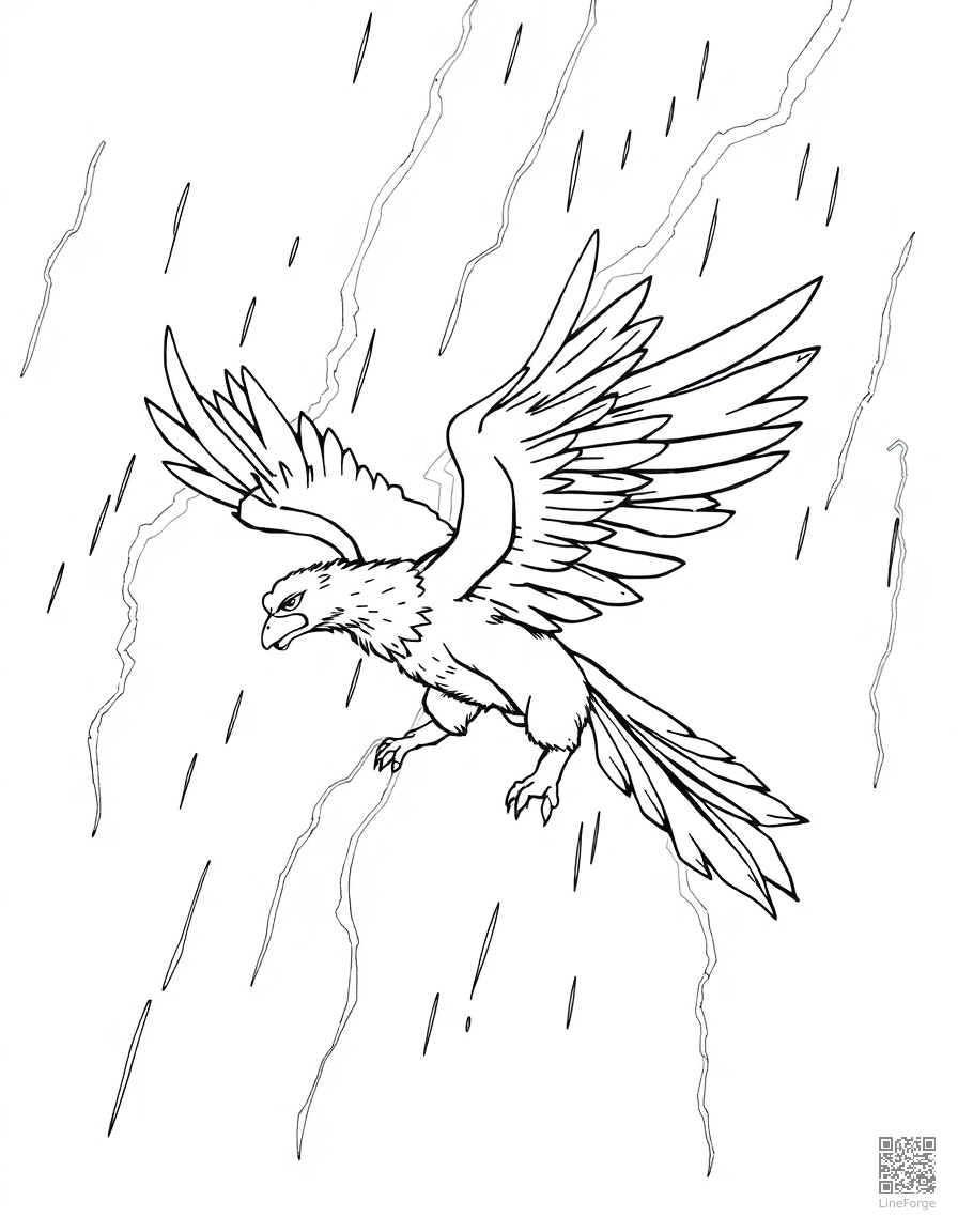 griffin flying through a thunderstorm coloring page Manga style - free printable