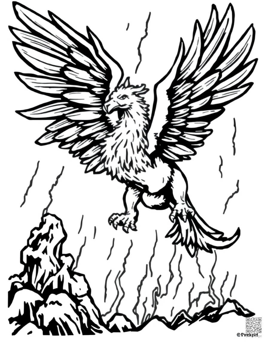 griffin flying through a thunderstorm coloring page Woodcut style - free printable
