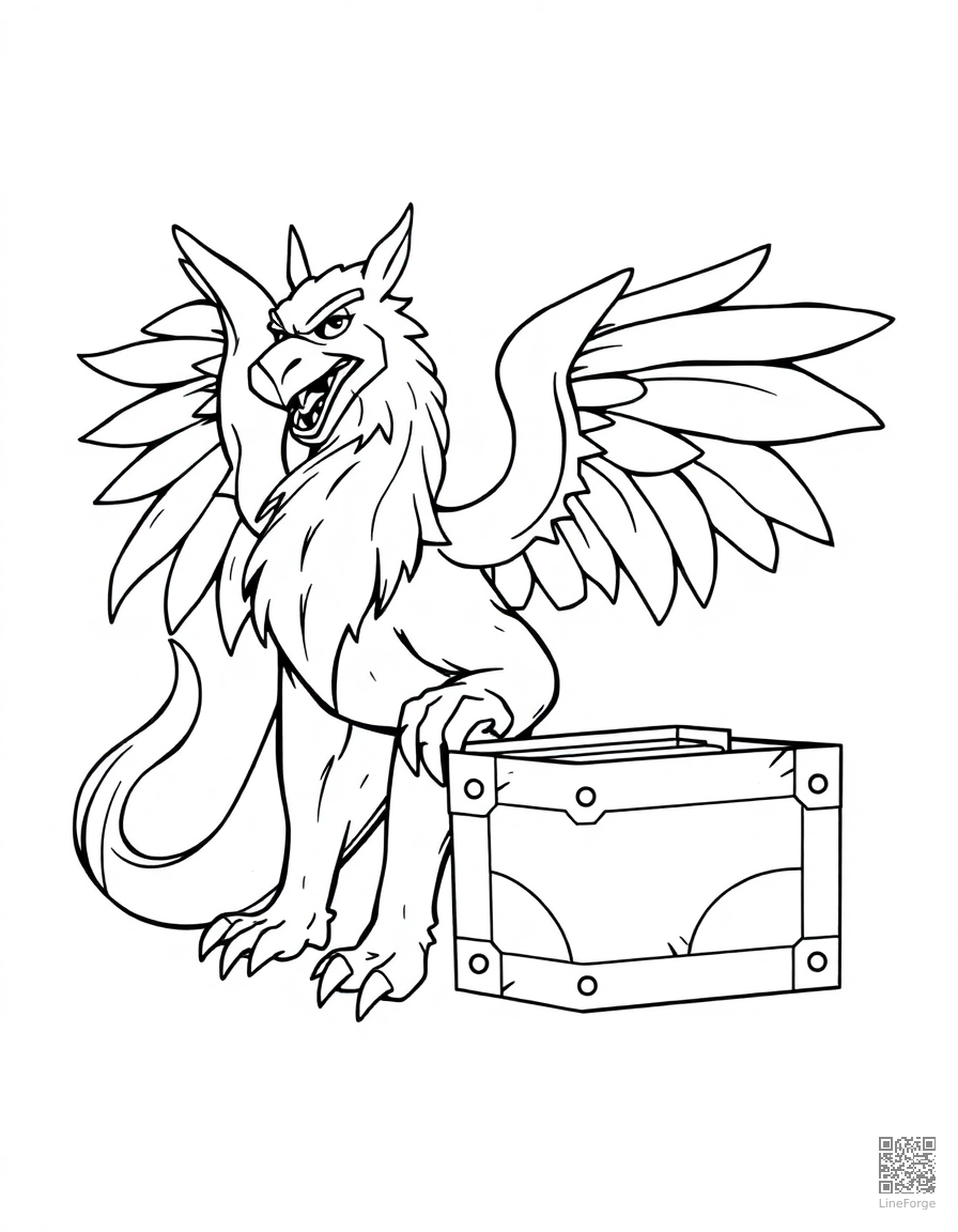 Free griffin guarding a treasure chest coloring page in contour style — printable line art