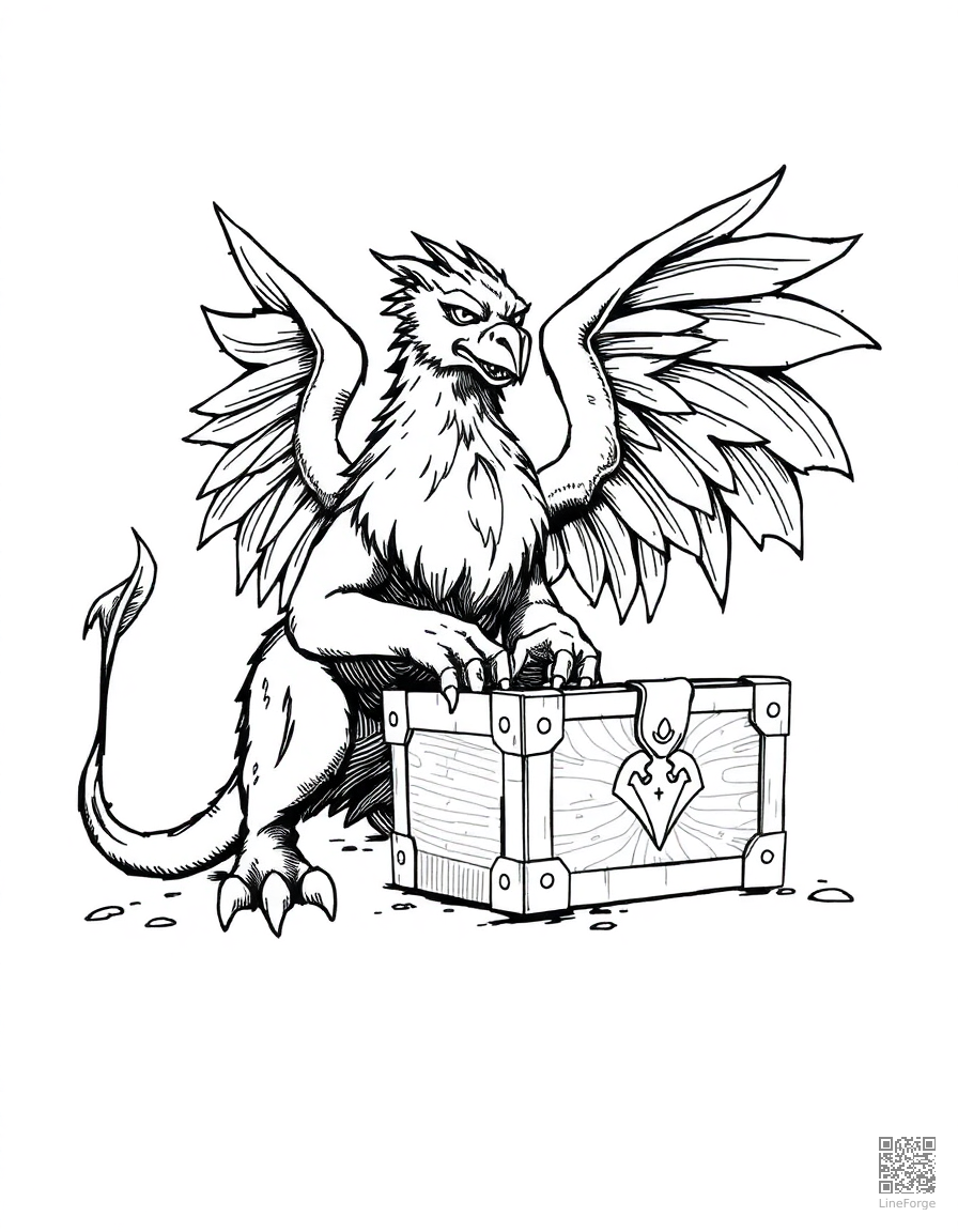 Free griffin guarding a treasure chest coloring page in crosshatch style — printable line art