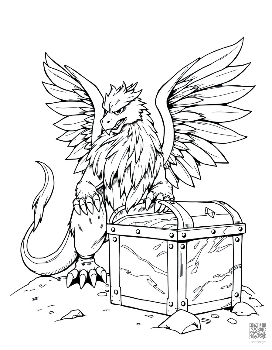 Free griffin guarding a treasure chest coloring page in manga style — printable line art