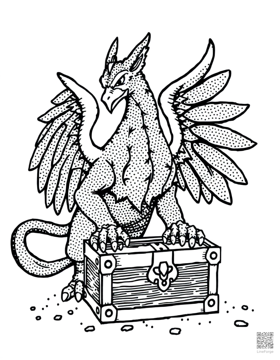 Free griffin guarding a treasure chest coloring page in stipple style — printable line art