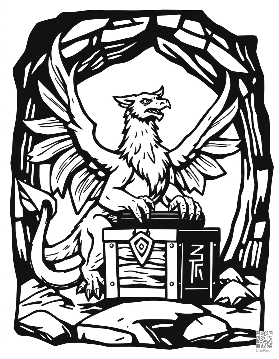 Free griffin guarding a treasure chest coloring page in woodcut style — printable line art