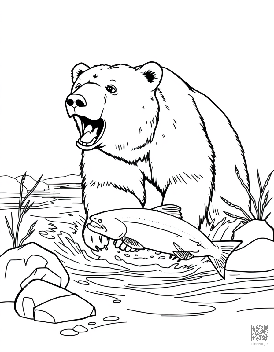 grizzly bear catching salmon in a river coloring page Contour style - free printable