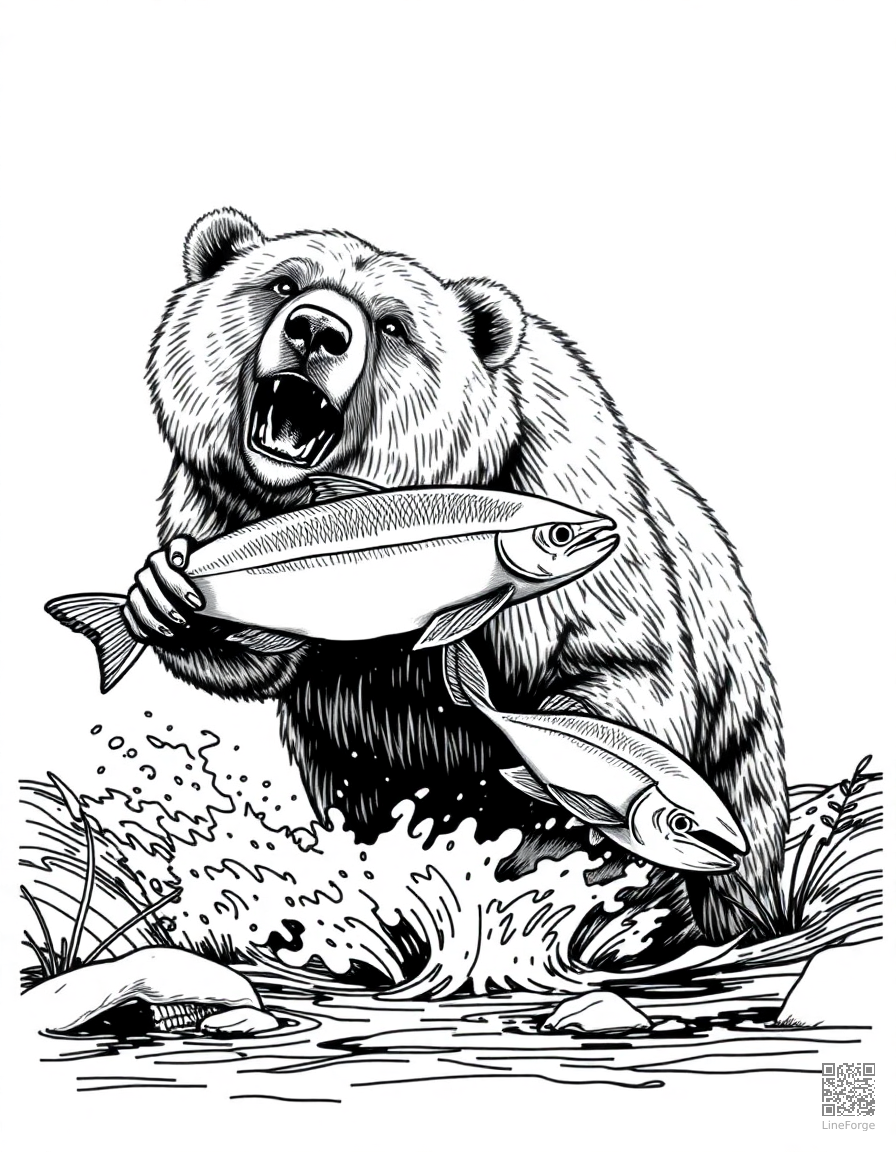 grizzly bear catching salmon in a river coloring page Crosshatch style - free printable