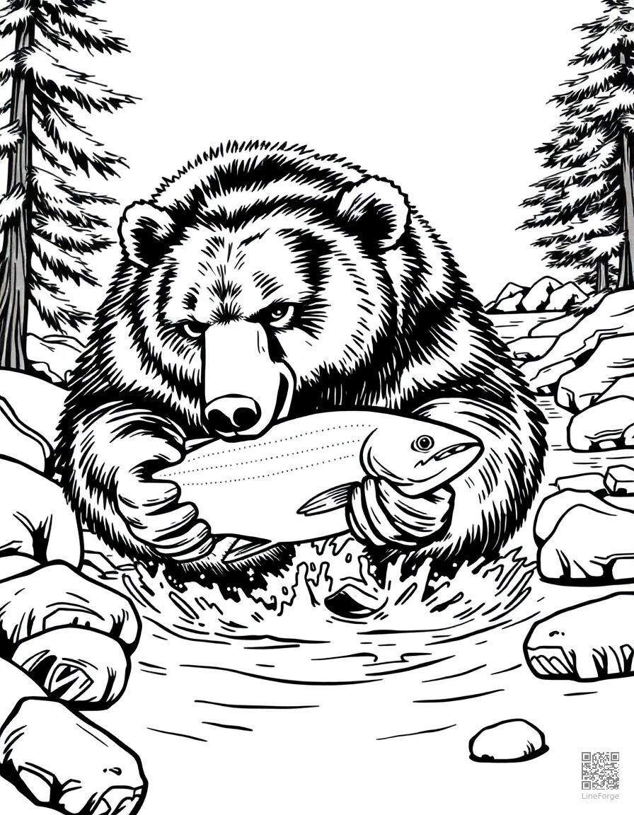 grizzly bear catching salmon in a river coloring page Manga style - free printable