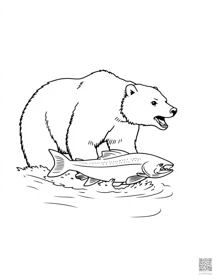 grizzly bear catching salmon in a river coloring page Minimal style - free printable