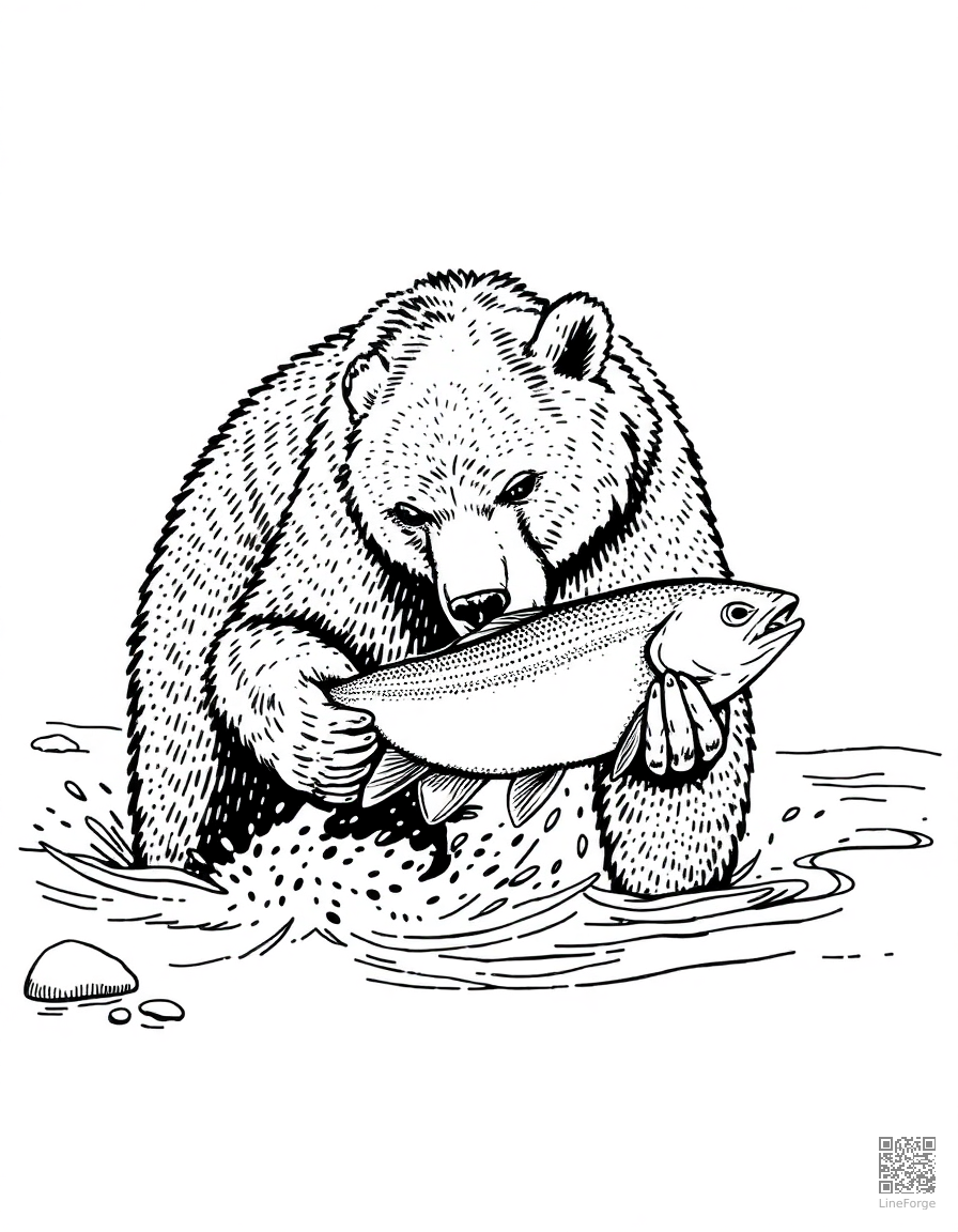 grizzly bear catching salmon in a river coloring page Stipple style - free printable