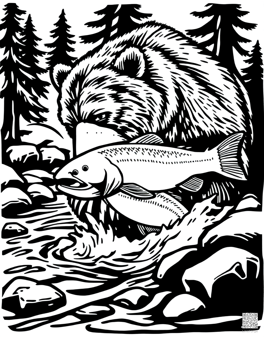 grizzly bear catching salmon in a river coloring page Woodcut style - free printable