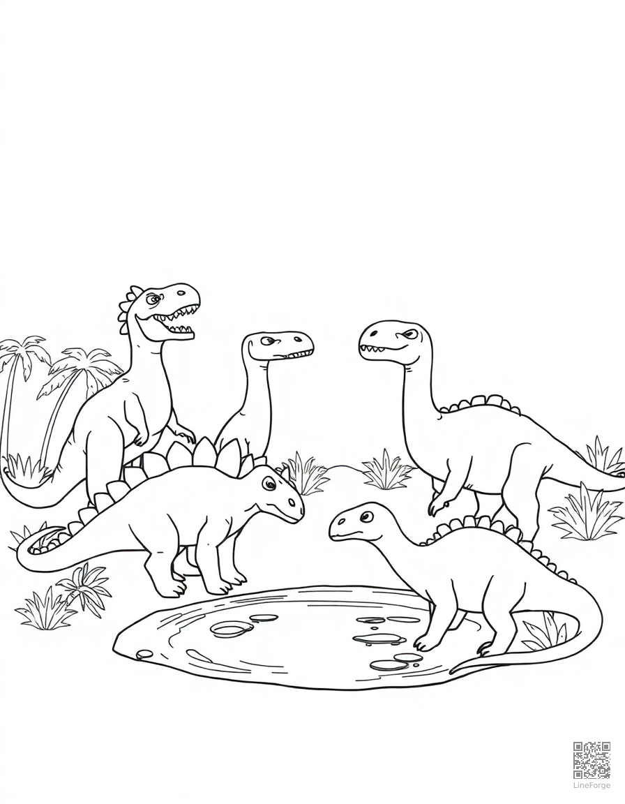 group of different dinosaurs at a watering hole coloring page Contour style free printable