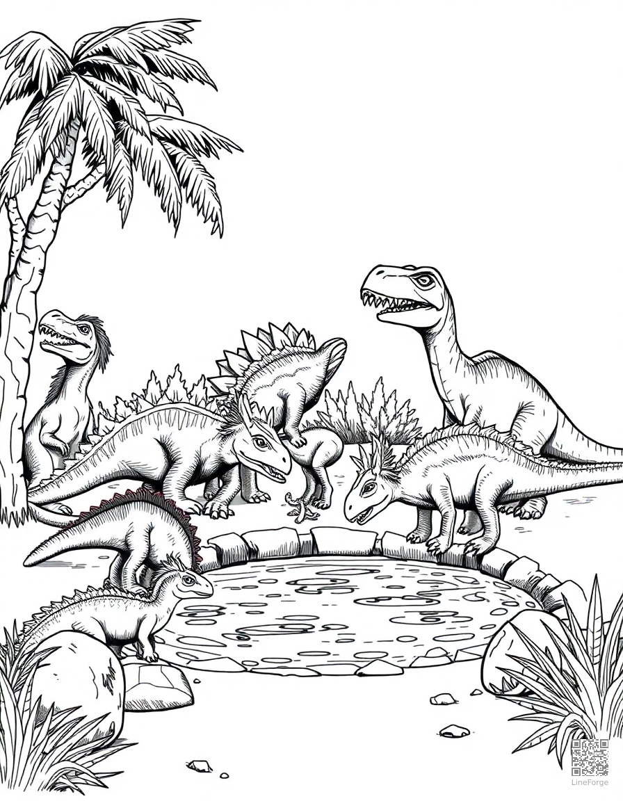 group of different dinosaurs at a watering hole coloring page Crosshatch style free printable