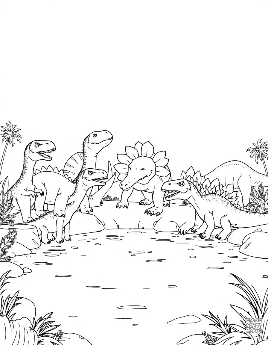 group of different dinosaurs at a watering hole coloring page Manga style free printable