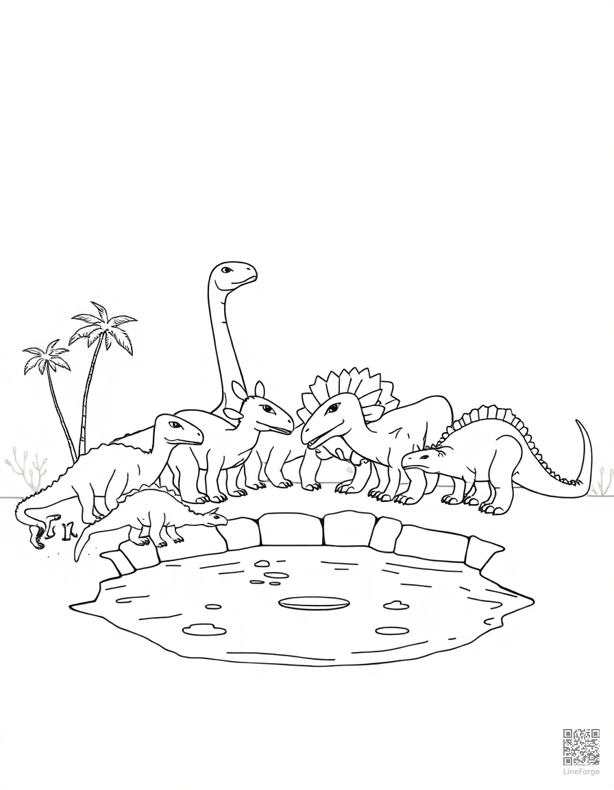group of different dinosaurs at a watering hole coloring page Minimal style free printable