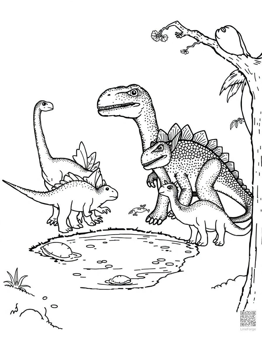 group of different dinosaurs at a watering hole coloring page Stipple style free printable