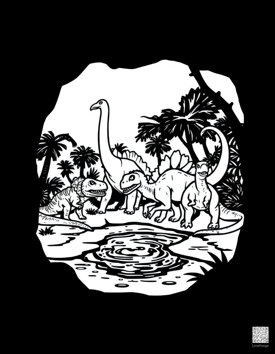 group of different dinosaurs at a watering hole coloring page Woodcut style free printable