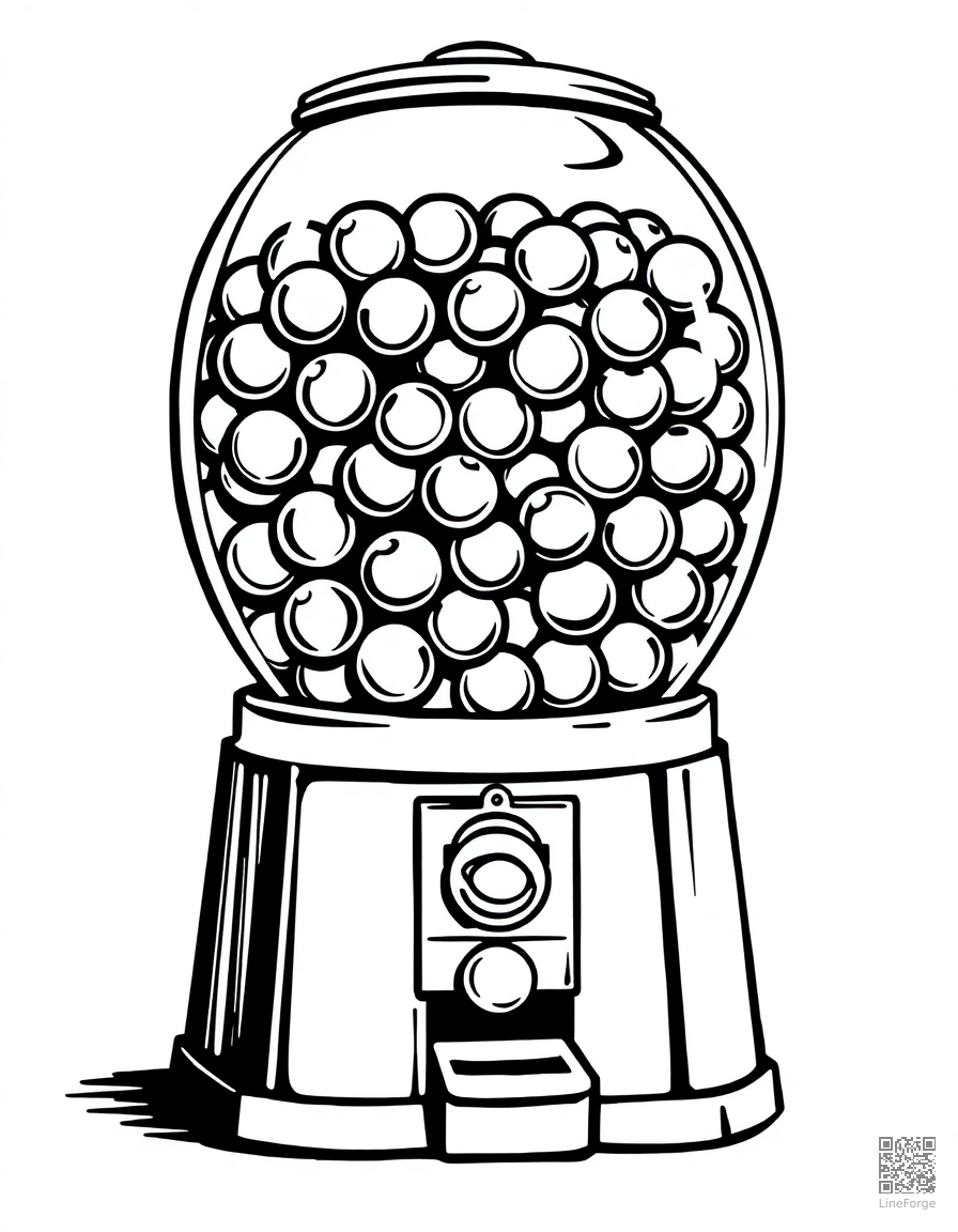 Free gumball machine full of colorful gumballs coloring page in woodcut style — printable line art