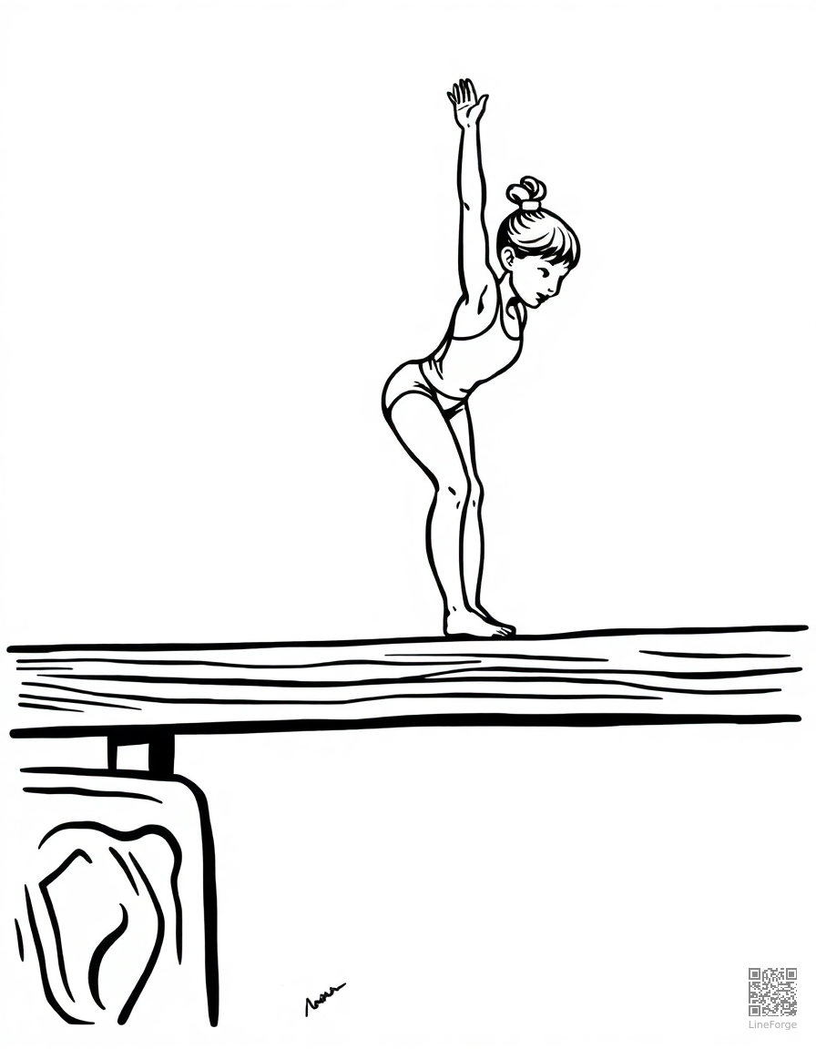 gymnast on the balance beam coloring page Woodcut style - free printable