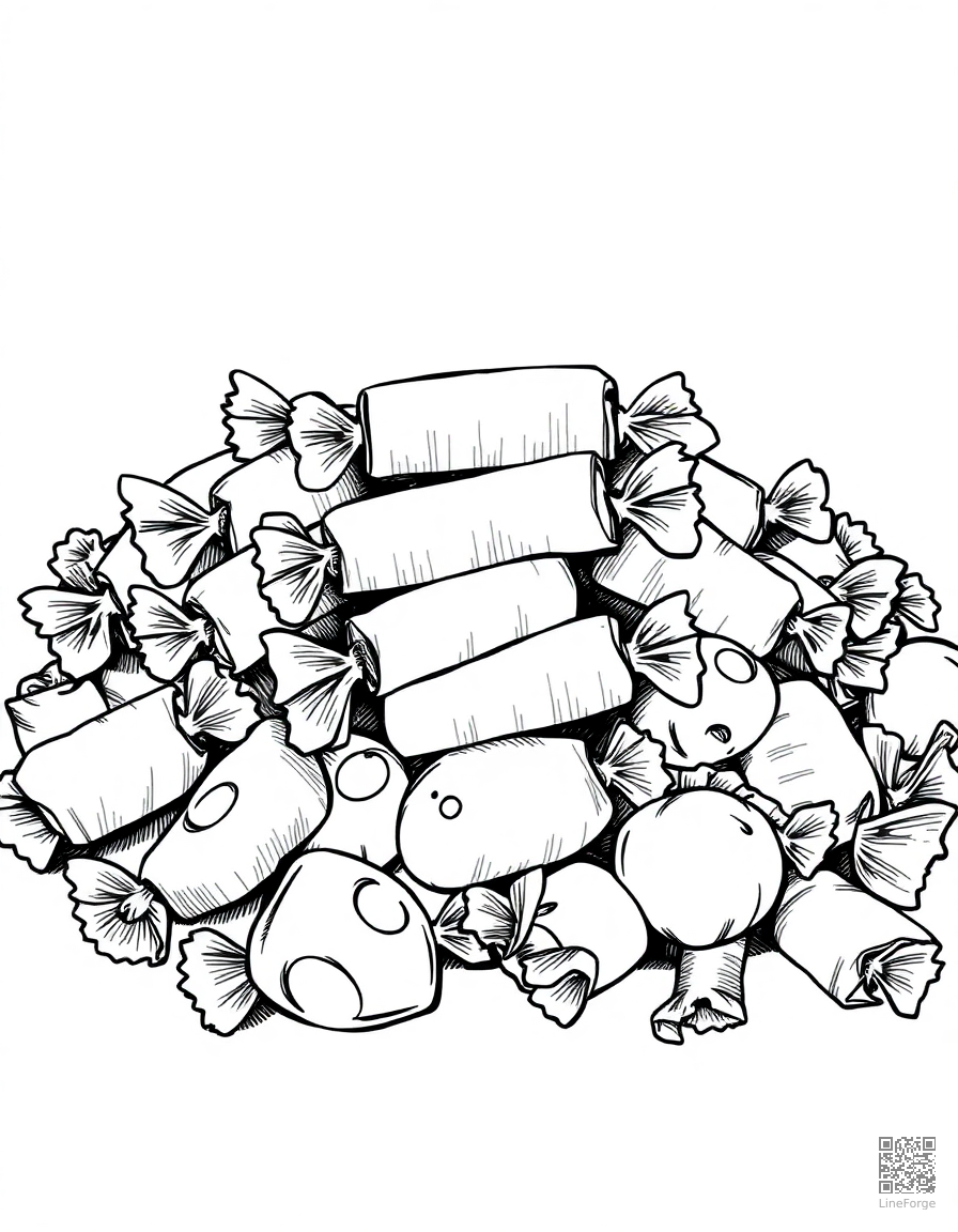 halloween candy pile with wrappers coloring page Crosshatch style - free printable