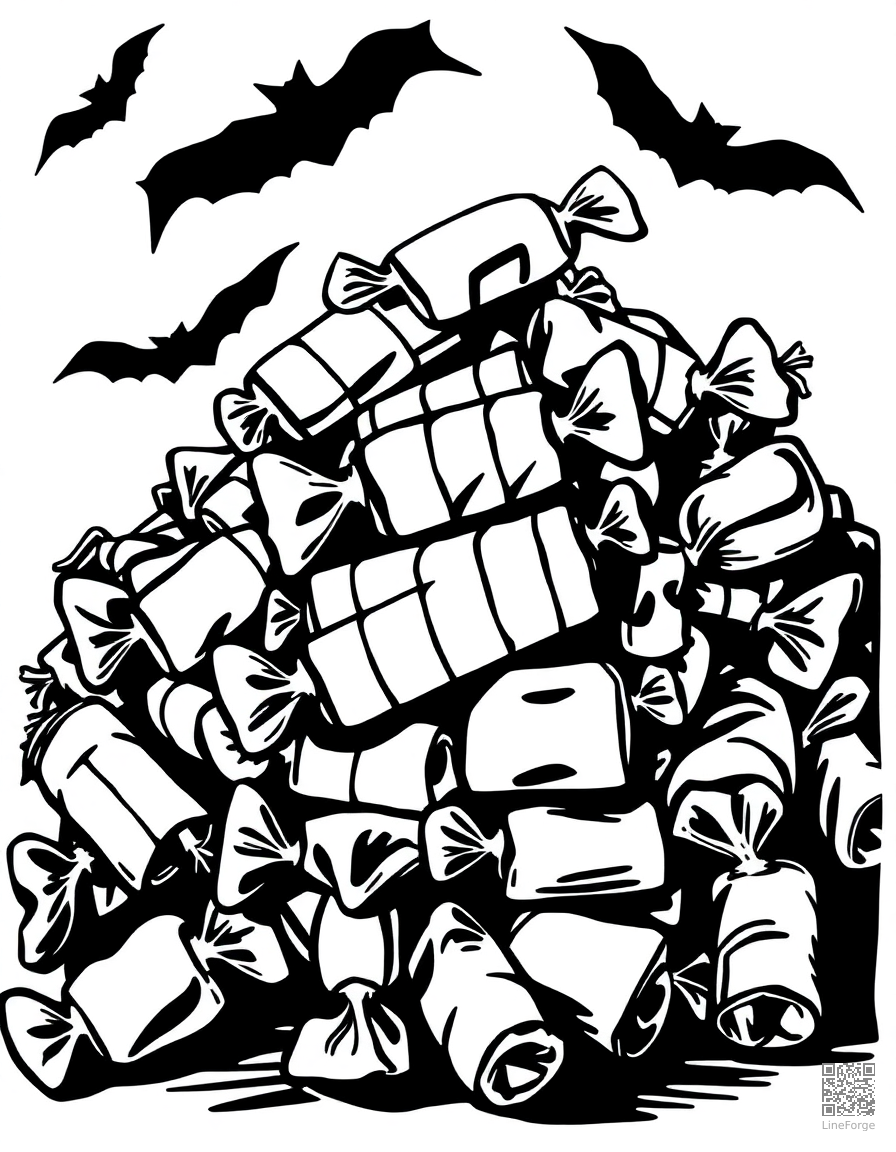 halloween candy pile with wrappers coloring page Woodcut style - free printable