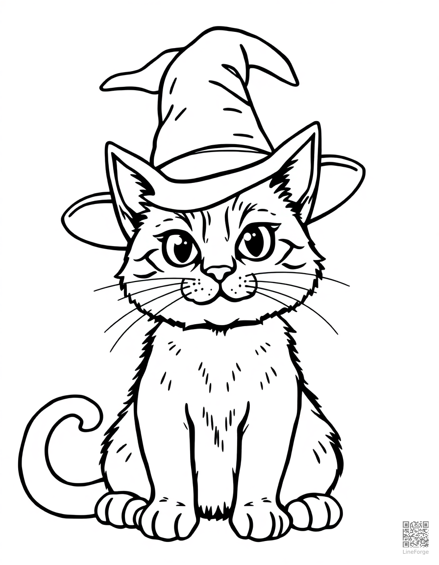 halloween cat wearing a wizard hat coloring page Contour style - free printable