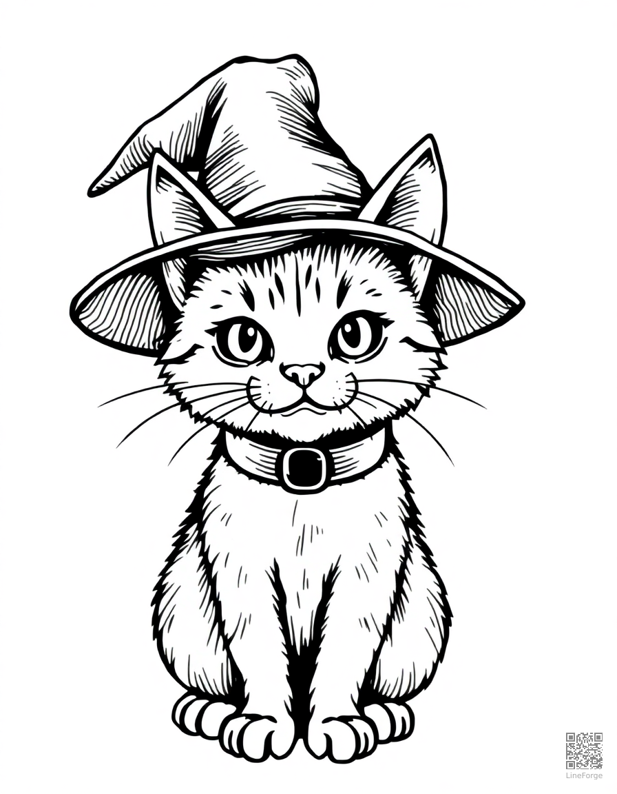 halloween cat wearing a wizard hat coloring page Crosshatch style - free printable