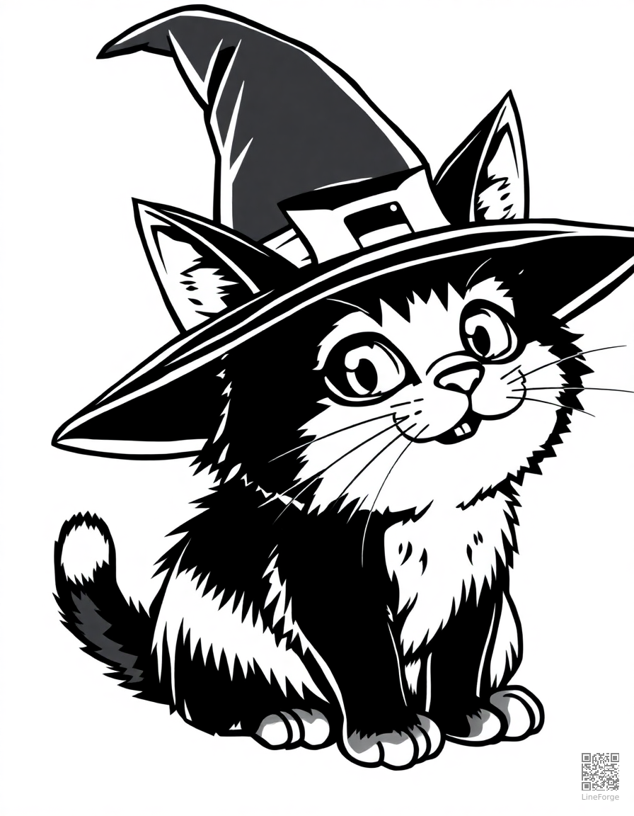halloween cat wearing a wizard hat coloring page Manga style - free printable