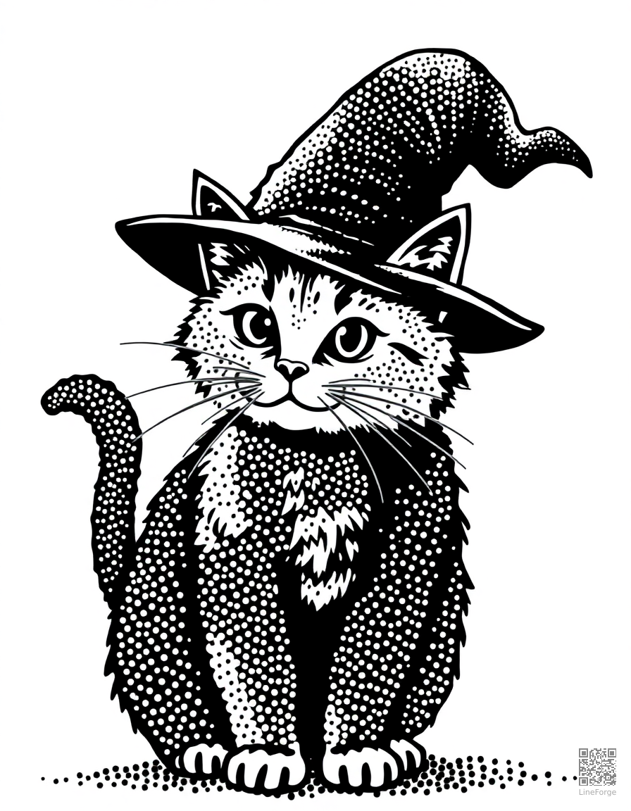 halloween cat wearing a wizard hat coloring page Stipple style - free printable