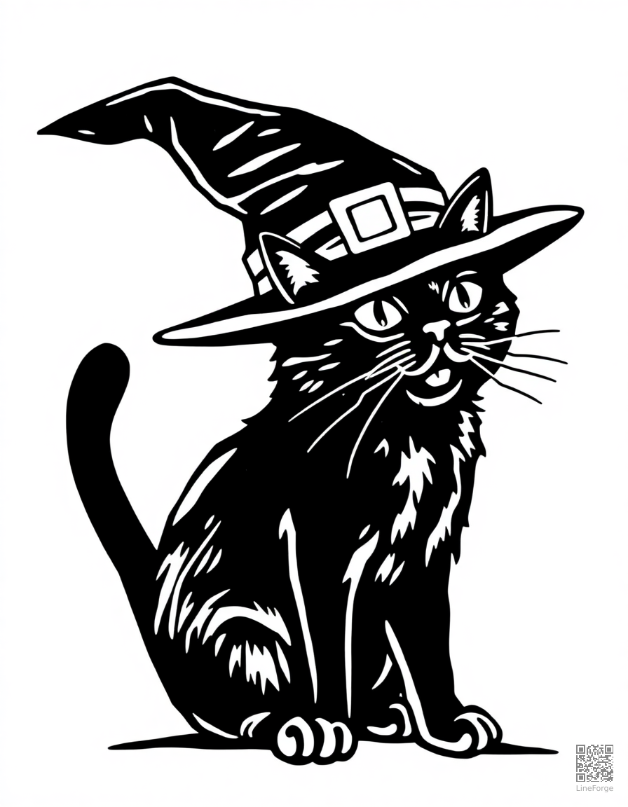 halloween cat wearing a wizard hat coloring page Woodcut style - free printable