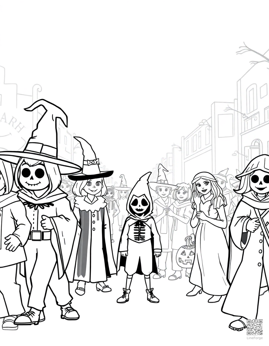 halloween parade with costumed characters coloring page Contour style - free printable