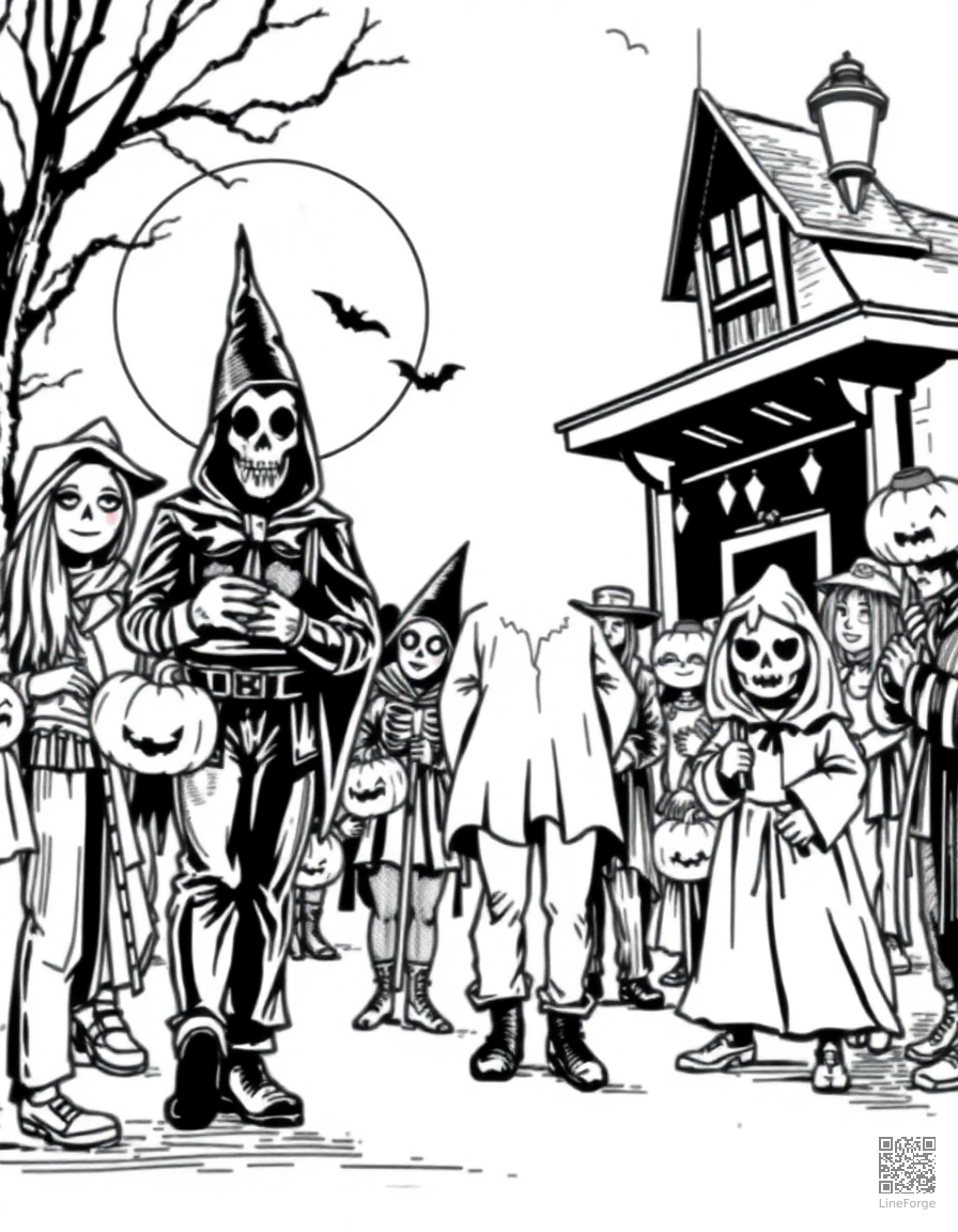halloween parade with costumed characters coloring page Crosshatch style - free printable
