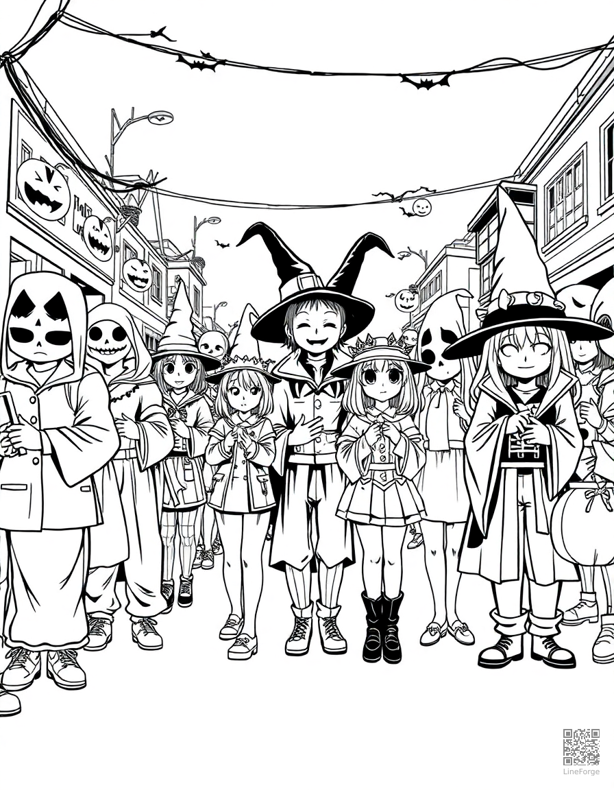 halloween parade with costumed characters coloring page Manga style - free printable