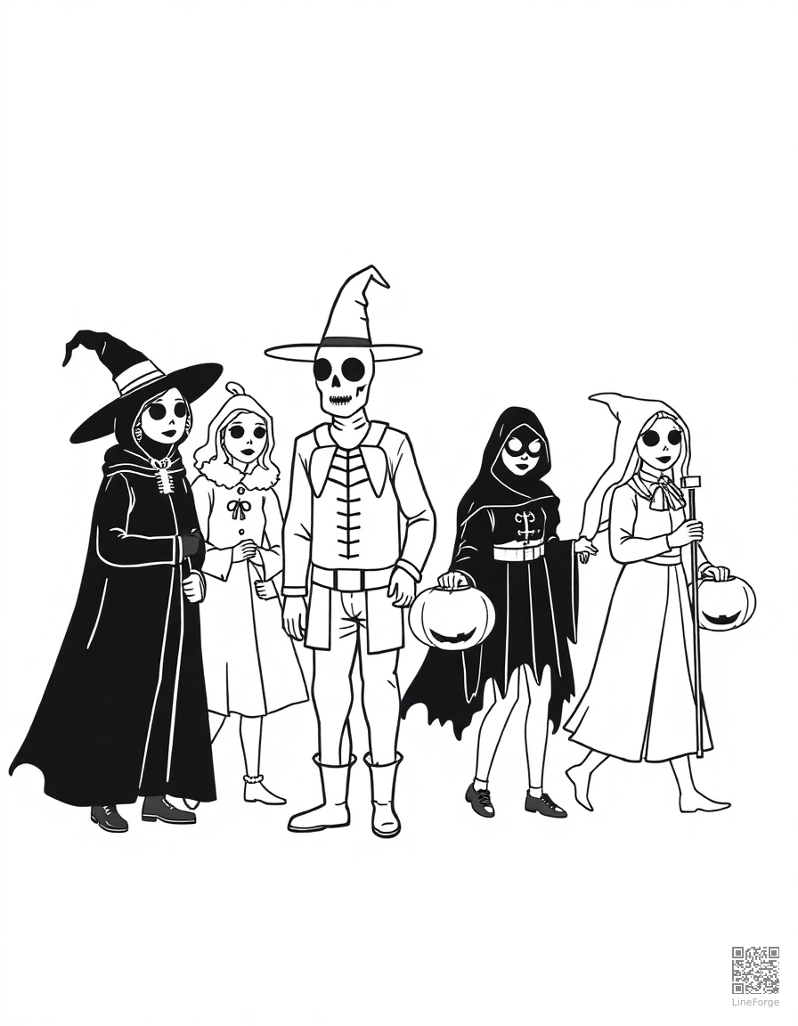 halloween parade with costumed characters coloring page Minimal style - free printable
