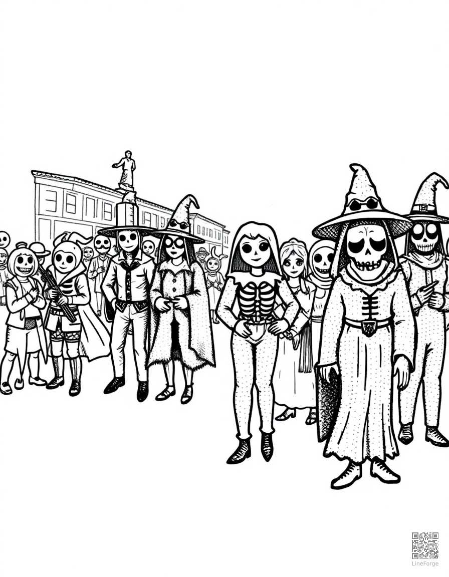 halloween parade with costumed characters coloring page Stipple style - free printable